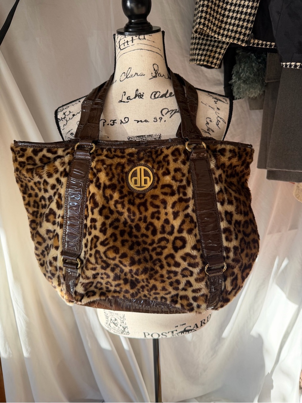 dennis basso Leopard Print Faux Fur Tote with Brown Croc-Effect Trim